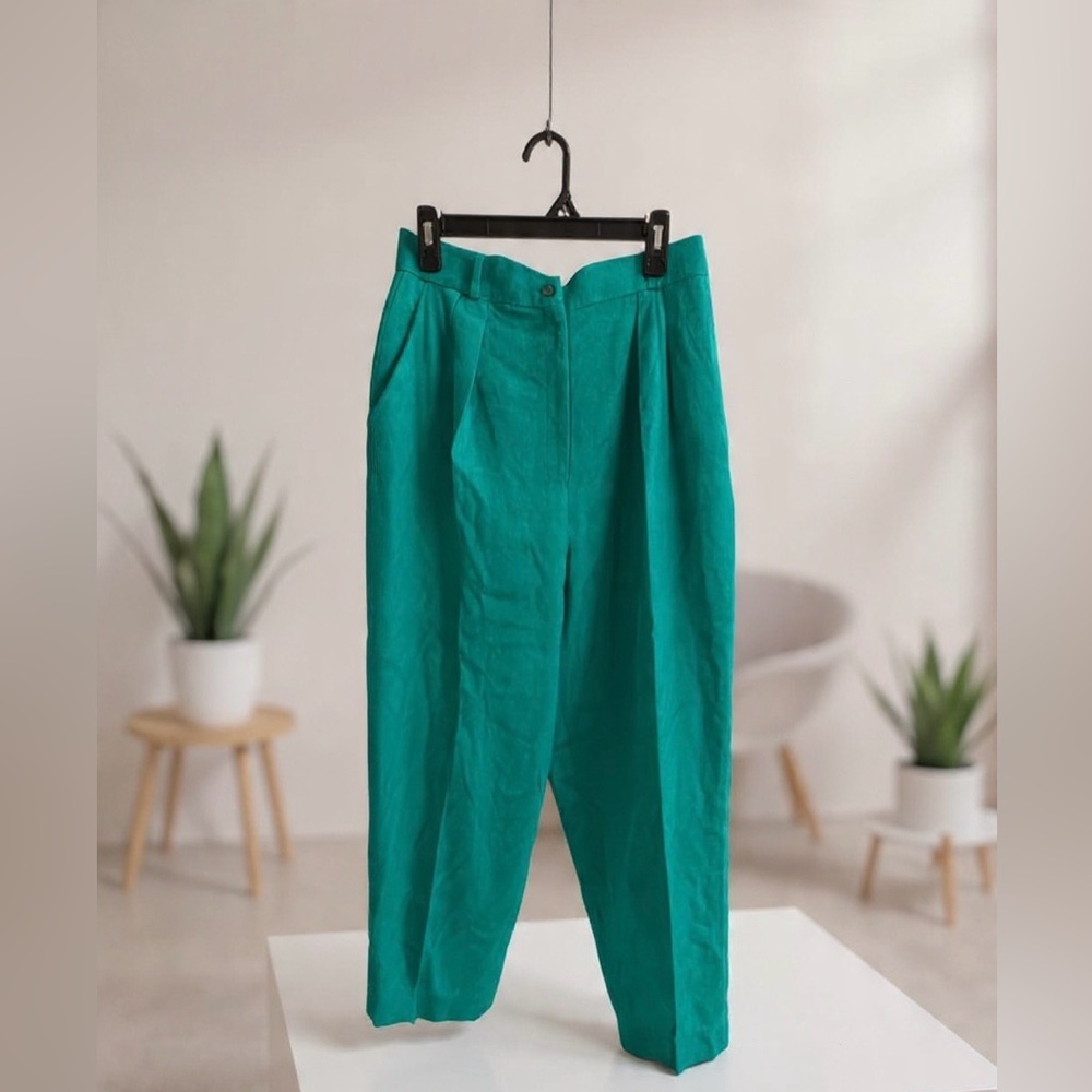 Vintage Talbots Petites 100% Pure Wool Pants Green High Waisted Pleated 14P USA